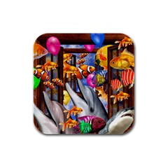 Outside The Window-swimming With Fishes Rubber Square Coaster (4 pack) 