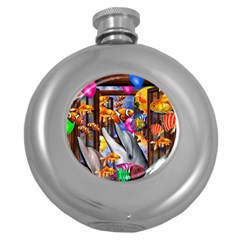 Outside The Window-swimming With Fishes Round Hip Flask (5 oz)