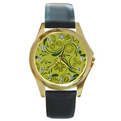 Folk Flowers Pattern  Round Gold Metal Watch by Eskimos