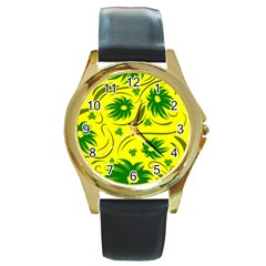 Folk Flowers Pattern  Round Gold Metal Watch by Eskimos