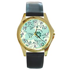 Folk Flowers Pattern  Round Gold Metal Watch by Eskimos