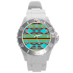 Shapes On A Blue Background Round Plastic Sport Watch (L)