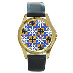 Shapes On A Blue Background                                                           Round Gold Metal Watch by LalyLauraFLM