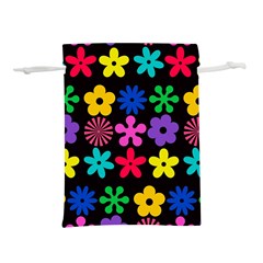 Colorful Flowers On A Black Background Pattern                                                        Lightweight Drawstring Pouch (l) by LalyLauraFLM