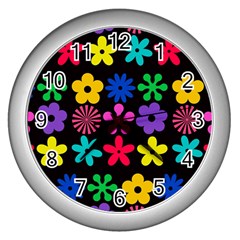 Colorful Flowers On A Black Background Pattern                                                            Wall Clock (silver)