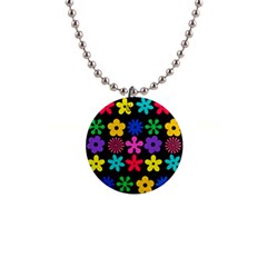 Colorful Flowers On A Black Background Pattern                                                            1  Button Necklace