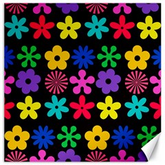 Colorful Flowers On A Black Background Pattern                                                            Canvas 20  X 20 