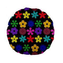 Colorful Flowers On A Black Background Pattern                                                           Standard 15  Premium Flano Round Cushion by LalyLauraFLM