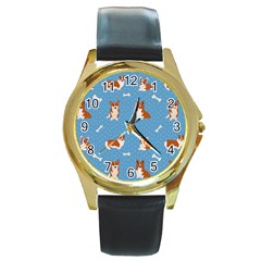 Cute Corgi Dogs Round Gold Metal Watch by SychEva