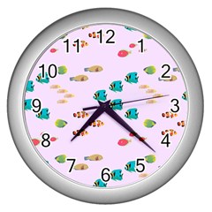 Marine Fish Multicolored On A Pink Background Wall Clock (silver) by SychEva