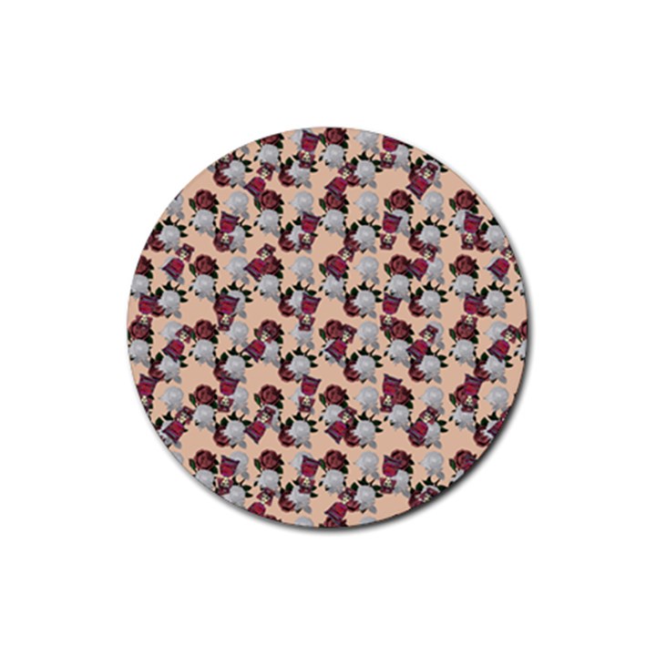 Vintage Floral And Goth Girl Peach Bg Rubber Round Coaster (4 pack) 