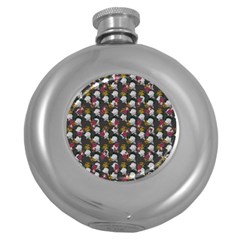 Vintage Floral And Goth Girl Grey Bg Round Hip Flask (5 Oz) by snowwhitegirl