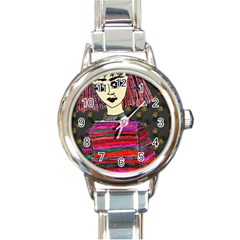 Floral Band Goth Girl Grey Bg Round Italian Charm Watch by snowwhitegirl