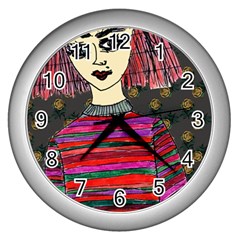 Floral Band Goth Girl Grey Bg Wall Clock (silver) by snowwhitegirl