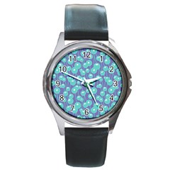 Blue Dandelions  Cute Plants Round Metal Watch by SychEva