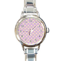 Yellow Hearts On A Light Purple Background Round Italian Charm Watch by SychEva