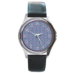 Blue Circles On Purple Background Geometric Ornament Round Metal Watch by SychEva