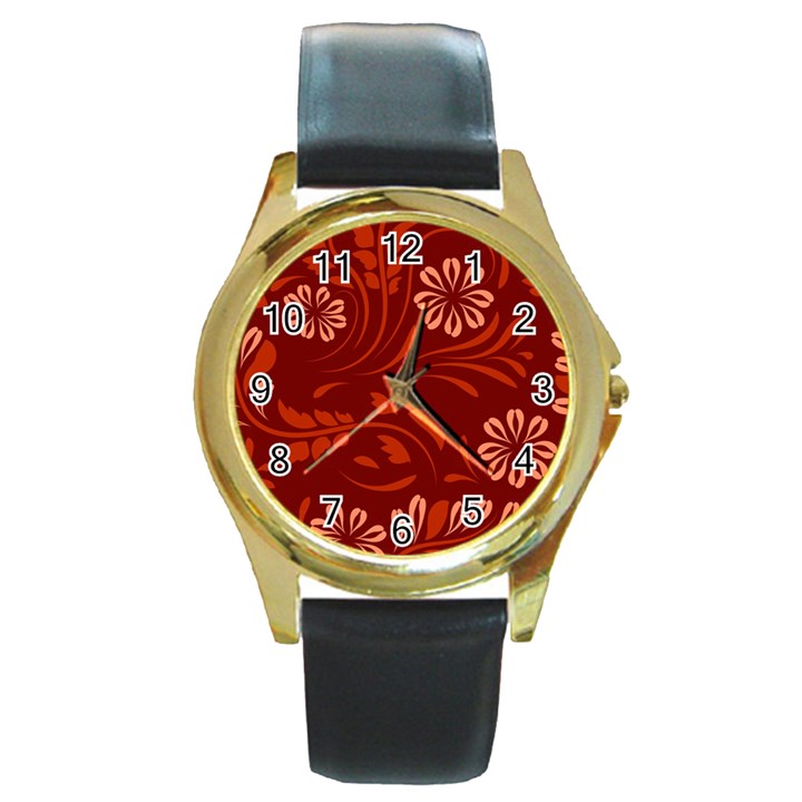 Folk flowers pattern Floral surface design Seamless pattern Round Gold Metal Watch