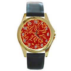 Folk Flowers Pattern Floral Surface Design Seamless Pattern Round Gold Metal Watch by Eskimos