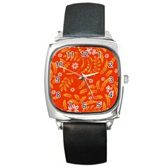 Folk flowers pattern Floral surface design Seamless pattern Square Metal Watch