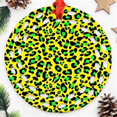 Yellow And Green, Neon Leopard Spots Pattern Round Filigree Ornament (two Sides) by Casemiro