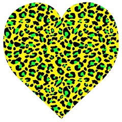 Yellow And Green, Neon Leopard Spots Pattern Wooden Puzzle Heart by Casemiro