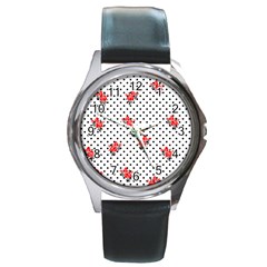 Red Vector Roses And Black Polka Dots Pattern Round Metal Watch by Casemiro