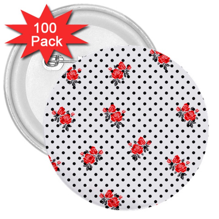 Red vector roses and black polka dots pattern 3  Buttons (100 pack) 