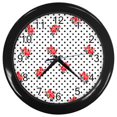 Red Vector Roses And Black Polka Dots Pattern Wall Clock (black) by Casemiro