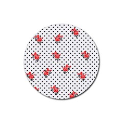 Red Vector Roses And Black Polka Dots Pattern Rubber Round Coaster (4 Pack)  by Casemiro