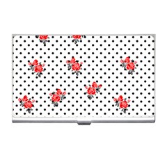 Red Vector Roses And Black Polka Dots Pattern Business Card Holder by Casemiro