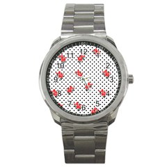 Red Vector Roses And Black Polka Dots Pattern Sport Metal Watch by Casemiro