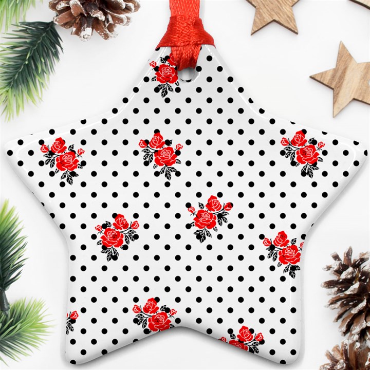 Red vector roses and black polka dots pattern Star Ornament (Two Sides)