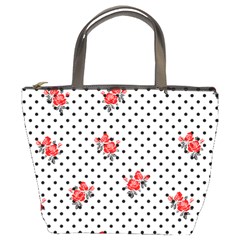 Red Vector Roses And Black Polka Dots Pattern Bucket Bag by Casemiro