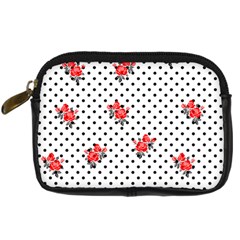 Red Vector Roses And Black Polka Dots Pattern Digital Camera Leather Case by Casemiro