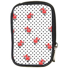 Red Vector Roses And Black Polka Dots Pattern Compact Camera Leather Case by Casemiro