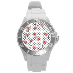 Red Vector Roses And Black Polka Dots Pattern Round Plastic Sport Watch (l) by Casemiro