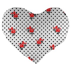 Red Vector Roses And Black Polka Dots Pattern Large 19  Premium Heart Shape Cushions by Casemiro