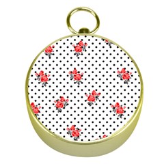 Red Vector Roses And Black Polka Dots Pattern Gold Compasses by Casemiro