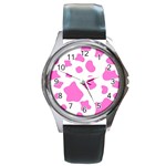 Pink Cow spots, large version, animal fur print in pastel colors Round Metal Watch Front