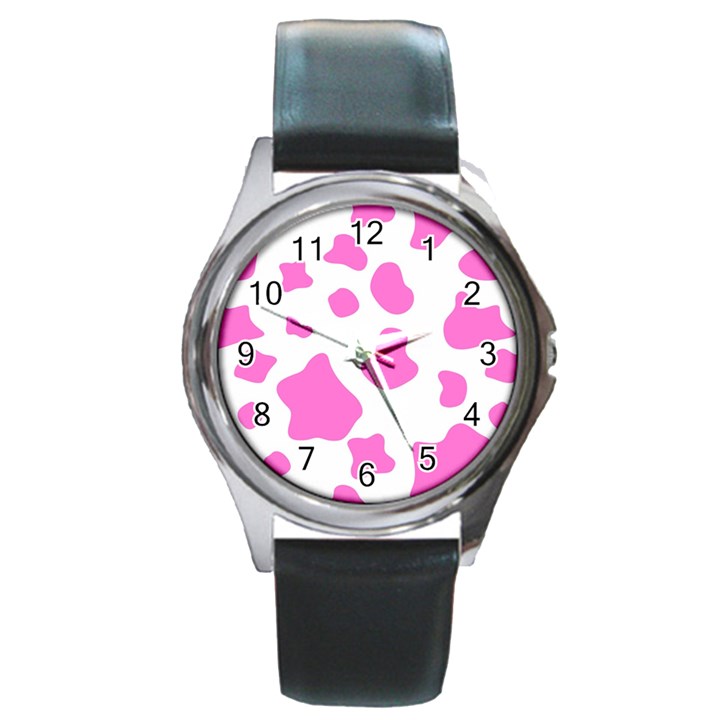 Pink Cow spots, large version, animal fur print in pastel colors Round Metal Watch