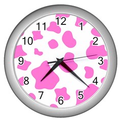 Pink Cow Spots, Large Version, Animal Fur Print In Pastel Colors Wall Clock (silver) by Casemiro