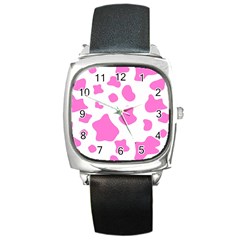 Pink Cow Spots, Large Version, Animal Fur Print In Pastel Colors Square Metal Watch by Casemiro