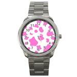 Pink Cow spots, large version, animal fur print in pastel colors Sport Metal Watch Front