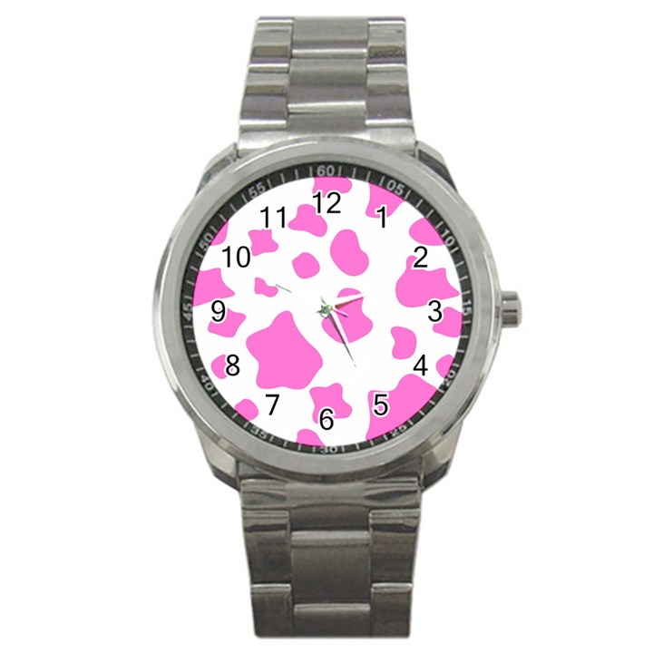 Pink Cow spots, large version, animal fur print in pastel colors Sport Metal Watch