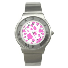 Pink Cow Spots, Large Version, Animal Fur Print In Pastel Colors Stainless Steel Watch by Casemiro