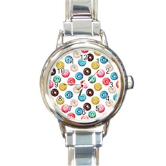 Delicious Multicolored Donuts On White Background Round Italian Charm Watch by SychEva