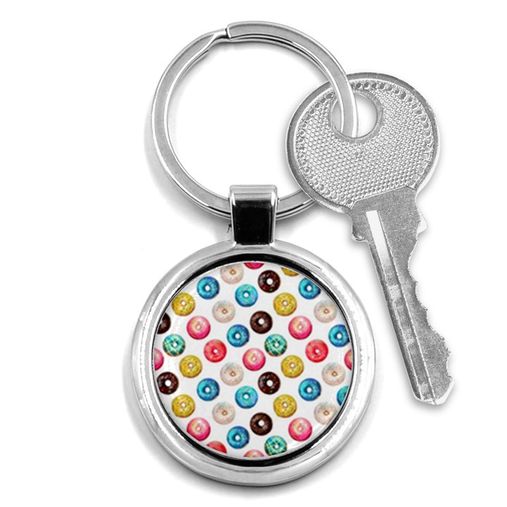 Delicious Multicolored Donuts On White Background Key Chain (Round)