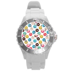 Delicious Multicolored Donuts On White Background Round Plastic Sport Watch (l) by SychEva