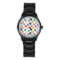 Delicious Multicolored Donuts On White Background Stainless Steel Round Watch by SychEva